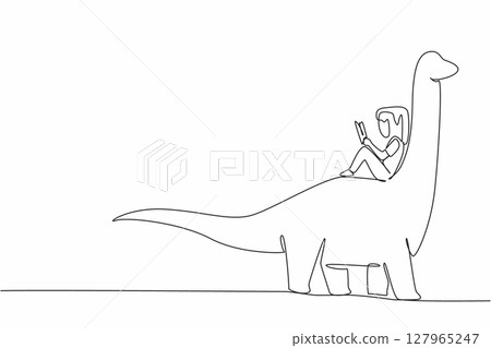 Continuous one line drawing girl reading book on cute brontosaurus. Reading stories about prehistoric animals. Pleasant. Girl Reading Book at Animal Back. Single line draw design vector illustration 127965247