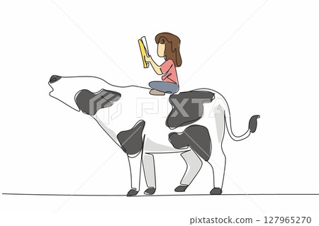 Single one line drawing girl reading book on cute cow. Read recipe books for delicious meat dishes. Aspiring little chef. Girl Reading Book at Animal Back. Continuous line design graphic illustration 127965270