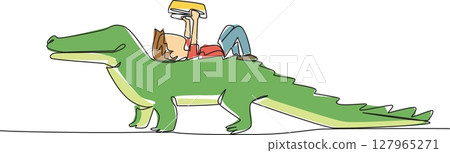 Single one line drawing boy reading book on cute crocodile. Lying on the back reading book. Serious but relaxed. The nerd. Boy Reading Book at Animal Back. Continuous line design graphic illustration 127965271
