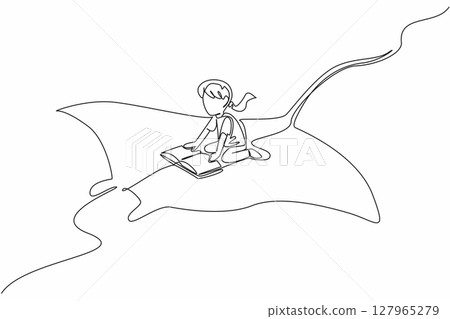 Single one line drawing girl reading book on cute stingray swimming. Reading the anatomy of a stingray. Avoid danger. Girl Reading Book at Animal Back. Continuous line design graphic illustration Single one line drawing girl reading book on cute stingray swimming. Reading the anatomy of a stingray. Avoid danger. Girl Reading Book at Animal Back. Continuous line design graphic illustration 127965279