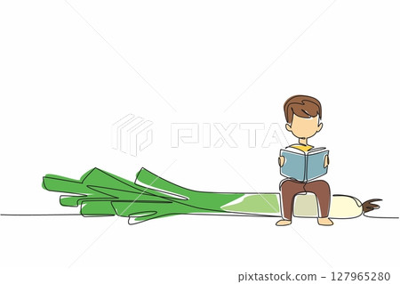 Continuous one line drawing boy reading on leek. Vitamin A, vitamin C, vitamin K, potassium. Benefits of leeks. Boy Reading Book at Vegetables and Fruits. Single line draw design vector illustration 127965280