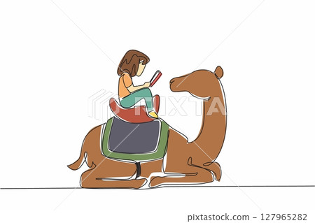 Continuous one line drawing girl reading book on cute camel. Reading the advantages of camels compared to other livestock. Girl Reading Book at Animal Back. Single line draw design vector illustration 127965282