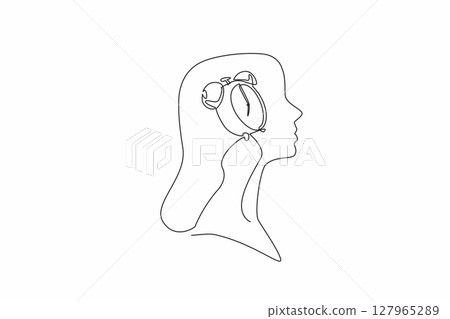 Single continuous line drawing the head of a young woman has an alarm clock in the middle of her head. Work done. Waiting for home time. Inside the Head of Woman. One line design vector illustration 127965289