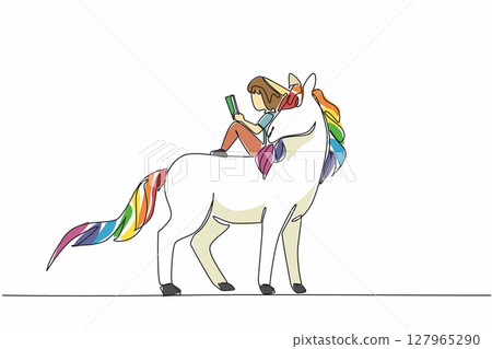 Single one line drawing the girl reading book on cute unicorn. Sitting back. Relaxed but very serious reading. The nerd. Girl Reading Book at Animal Back. Continuous line design graphic illustration 127965290