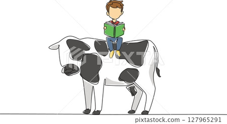 Continuous one line drawing boy reading book on cute cow. Learning the tastiest part of a cow. Deliciousness. The nerd. Boy Reading Book at Animal Back. Single line draw design vector illustration 127965291