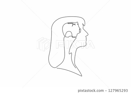 Continuous one line drawing the head of a woman with a piggy bank in the middle of her head. Put saving first. Not wasteful. Inside the Head of Woman. Single line draw design vector illustration Continuous one line drawing the head of a woman with a piggy bank in the middle of her head. Put saving first. Not wasteful. Inside the Head of Woman. Single line draw design vector illustration 127965293