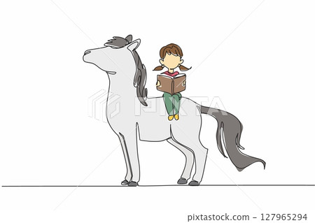 Continuous one line drawing girl reading book on cute horse. Read about ordinary horse can turn into a unicorn. Fiction. Girl Reading Book at Animal Back. Single line draw design vector illustration Continuous one line drawing girl reading book on cute horse. Read about ordinary horse can turn into a unicorn. Fiction. Girl Reading Book at Animal Back. Single line draw design vector illustration 127965294