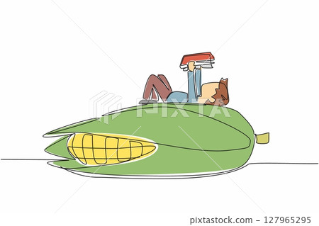 Single continuous line drawing boy reading on corn. Harvest sweet corn carefully according to procedure. Learn stages. Boy Reading Book at Vegetables and Fruits. One line design vector illustration 127965295