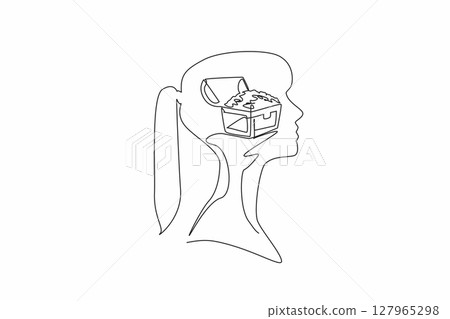 Single continuous line drawing the head of young woman with treasure box and gold coins in the middle of her head. The treasure hunter. Inside the Head of Woman. One line design vector illustration Single continuous line drawing the head of young woman with treasure box and gold coins in the middle of her head. The treasure hunter. Inside the Head of Woman. One line design vector illustration 127965298