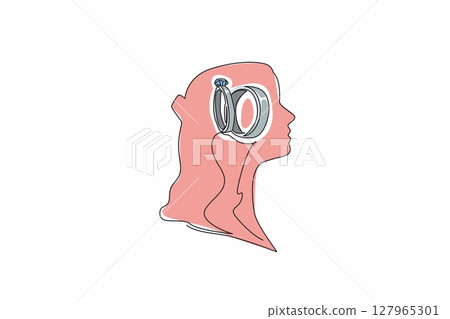Single continuous line drawing the head of a woman with a wedding ring in the middle of her head. Thinking about the dream wedding ring. Inside the Head of Woman. One line design vector illustration Single continuous line drawing the head of a woman with a wedding ring in the middle of her head. Thinking about the dream wedding ring. Inside the Head of Woman. One line design vector illustration 127965301