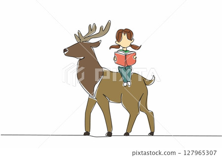 Single one line drawing girl reading book on cute horned deer. Find difference between male and female deer by reading. Girl Reading Book at Animal Back. Continuous line design graphic illustration 127965307