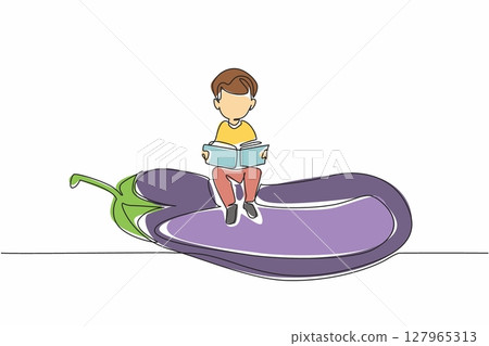Single continuous line drawing boy reading on eggplant. Read tips for successfully planting and caring for eggplants. Boy Reading Book at Vegetables and Fruits. One line design vector illustration Single continuous line drawing boy reading on eggplant. Read tips for successfully planting and caring for eggplants. Boy Reading Book at Vegetables and Fruits. One line design vector illustration 127965313