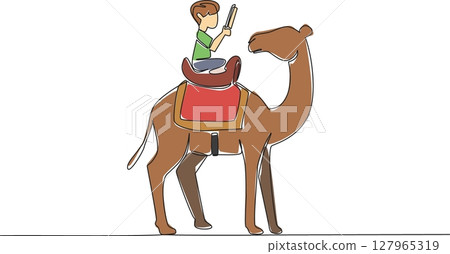 Continuous one line drawing boy reading book on cute camel. Find out main function of the camel hump. Learning from nature. Boy Reading Book at Animal Back. Single line draw design vector illustration Continuous one line drawing boy reading book on cute camel. Find out main function of the camel hump. Learning from nature. Boy Reading Book at Animal Back. Single line draw design vector illustration 127965319