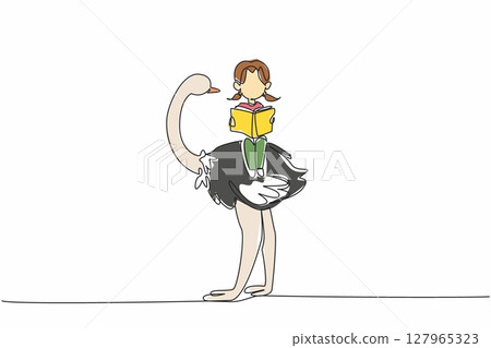 Single continuous line drawing young girl reading book on cute ostrich. Read about the uniqueness and specialness of ostriches. Girl Reading Book at Animal Back. One line design vector illustration Single continuous line drawing young girl reading book on cute ostrich. Read about the uniqueness and specialness of ostriches. Girl Reading Book at Animal Back. One line design vector illustration 127965323