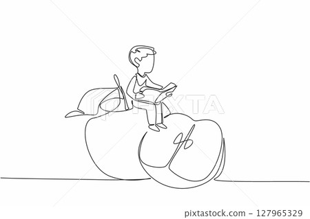 Single continuous line drawing young boy reading on apple. Sit back and read about the many benefits of apples. Nerd. Boy Reading Book at Vegetables and Fruits. One line design vector illustration 127965329