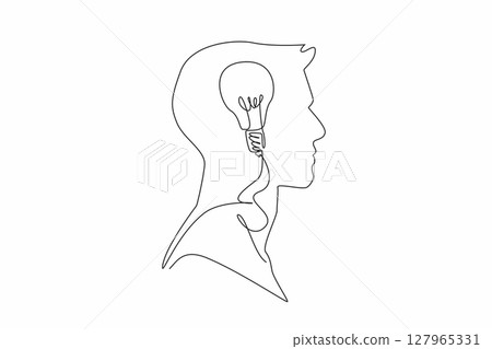 Single continuous line drawing the head of a man has a lightbulb in the middle of his head. A brilliant idea that comes suddenly. Creative. Inside the Head of Man. One line design vector illustration Single continuous line drawing the head of a man has a lightbulb in the middle of his head. A brilliant idea that comes suddenly. Creative. Inside the Head of Man. One line design vector illustration 127965331