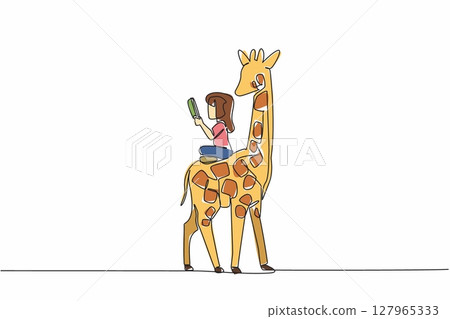 Single one line drawing girl reading book on cute giraffe. Read about the tallest living land animal. Increase knowledge. Girl Reading Book at Animal Back. Continuous line design graphic illustration Single one line drawing girl reading book on cute giraffe. Read about the tallest living land animal. Increase knowledge. Girl Reading Book at Animal Back. Continuous line design graphic illustration 127965333