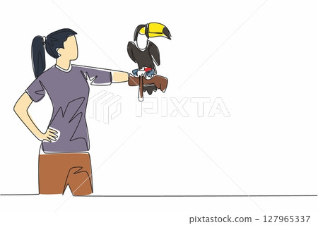 Continuous one line drawing toucan bird perched on hand of woman. Large billed tropical birds live in tropical forests. Eating insects. Woman Holding Bird. Single line draw design vector illustration 127965337