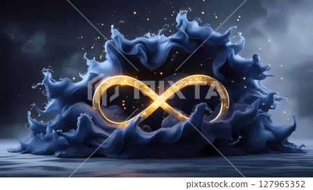 A golden infinity symbol emerging from a wave of ink-like fluid A golden infinity symbol emerging from a wave of ink-like fluid 127965352