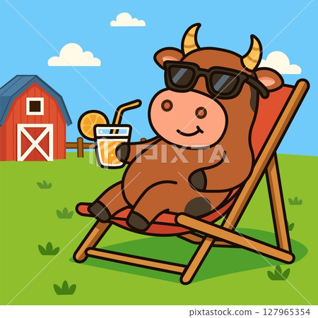 Cute cartoon cow in sunglasses relaxing on a deck chair with orange juice on a sunny farm. Fun summer countryside scene in flat vector style. Perfect for kids and farm-themed designs. 127965354