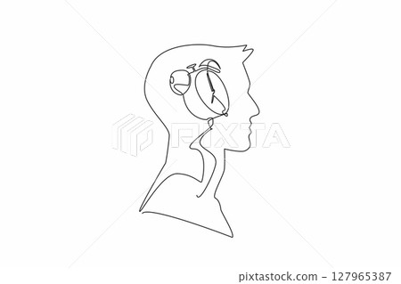 Continuous one line drawing the head of a man has an alarm clock in the middle of his head. Thinking about the many work deadlines. Inside the Head of Man. Single line draw design vector illustration 127965387