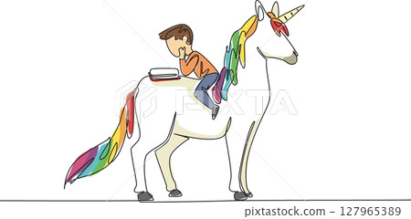 Single one line drawing boy reading book on cute unicorn. Get ease of learning. Can focus anywhere. Always read seriously. Boy Reading Book at Animal Back. Continuous line design graphic illustration 127965389