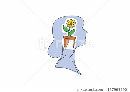 Single continuous line drawing the head of woman with pot containing flowering plant in the middle of her head. Farmer in her spare time. Inside the Head of Woman. One line design vector illustration 127965390