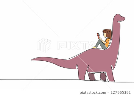 Continuous one line drawing girl reading book on cute brontosaurus. Reading stories about prehistoric animals. Pleasant. Girl Reading Book at Animal Back. Single line draw design vector illustration 127965391