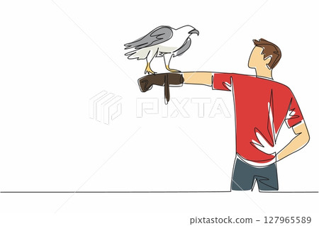 Single continuous line drawing sea eagle perched on hand of man. The most powerful bird of prey in the world. The carnivorous animal. Claws. Man holding bird. One line design vector illustration 127965589