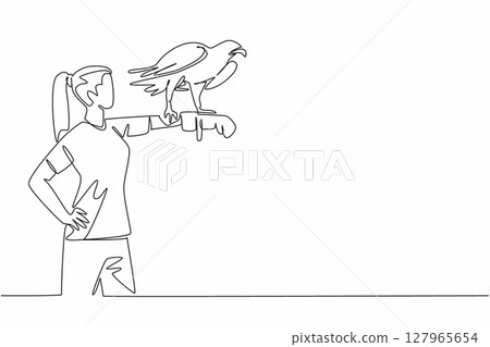 Continuous one line drawing sea eagle perched on hand of woman. Fish hunters, coastal predators and marine raptors. The strong claws. Woman holding bird. Single line draw design vector illustration 127965654