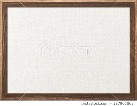Background image of white cotton linen canvas board with brown wooden frame 127965862