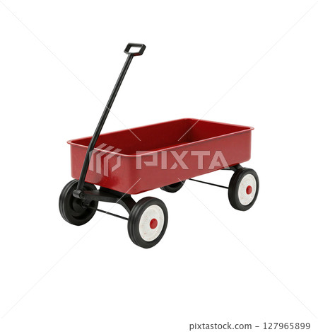 Classic red metal wagon, a timeless children's toy with functional handle and wheels 127965899