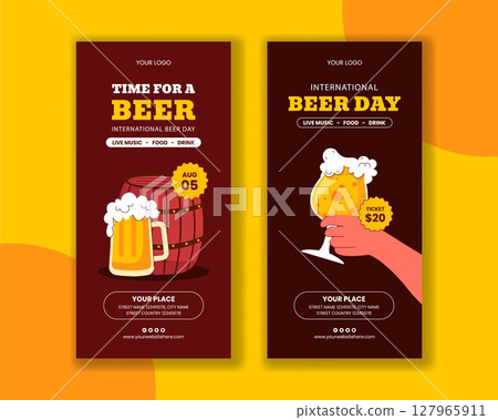Illustration for International Beer Day with Glasses, Barrels, and Social Media Vertical Banner Illustration for International Beer Day with Glasses, Barrels, and Social Media Vertical Banner 127965911