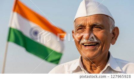Happy senior Indian man in traditional cap, proudly smiling with the national flag. Indian Independence Day celebration. 127965928
