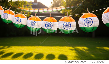 Indian flag lanterns strung outdoors, glowing in sunlight. Independence Day, Republic Day, and cultural celebrations. 127965929
