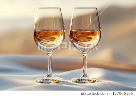 Glass reflections. Wine culture. Two elegant Wine Glass filled with Champagne wine. 127966159
