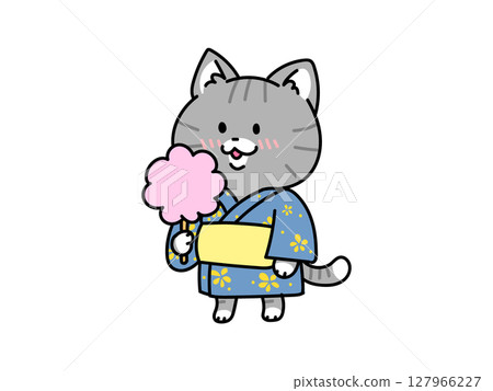 夏日祭典！穿著浴衣的貓咪吃棉花糖 127966227