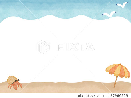 沙灘傘與寄居蟹海背景水彩畫框架 127966229