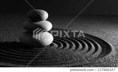 Zen garden with stones and sand, promoting balance, harmony, and relaxation for meditation and spiritual peace Zen garden with stones and sand, promoting balance, harmony, and relaxation for meditation and spiritual peace 127966327