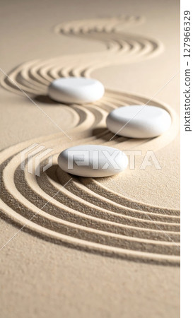 Zen garden with raked sand and carefully placed stones embodies peace, balance, and the path to spiritual harmony 127966329