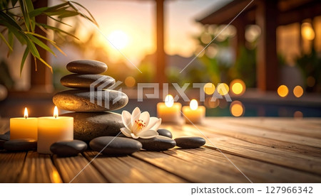 Tranquil spa still life with candles, zen stones, white lotus Tranquil spa still life with candles, zen stones, white lotus 127966342