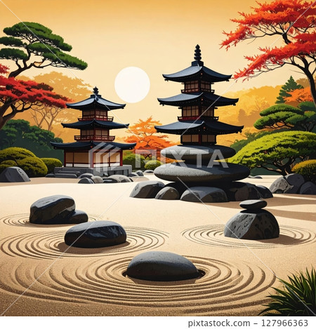 Asian architecture and ancient pagodas dot the serene landscape of a traditional Zen garden in the morning light Asian architecture and ancient pagodas dot the serene landscape of a traditional Zen garden in the morning light 127966363