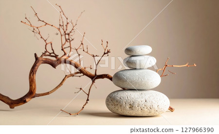 Zen stones in a balanced stack on white or wooden backgrounds symbolize harmony and tranquil meditation 127966390