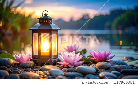 Golden sunset reflections illuminate a serene lake and ancient temple, where water lilies bloom under a beautiful, calm sky 127966391