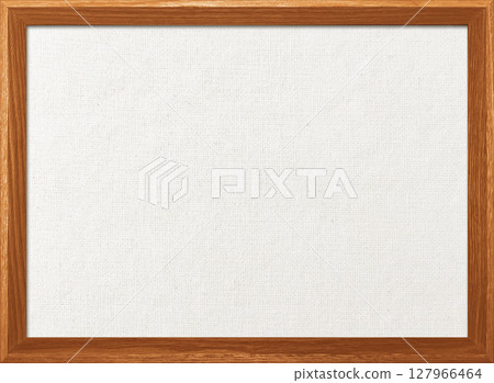 Background image of white cotton linen canvas board with light brown wooden frame 127966464