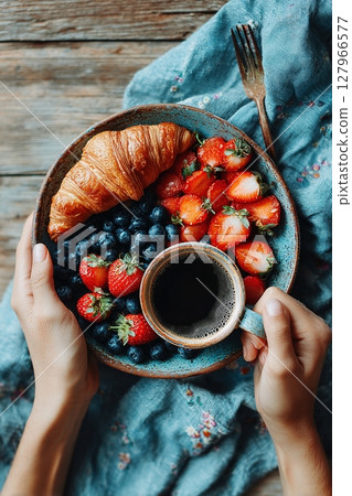 healthy breakfast with coffee croissant fruit 127966577