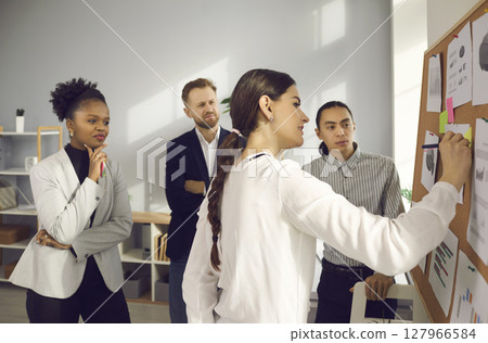 Team of young multiethnic company employees brainstorming ideas in group meeting 127966584