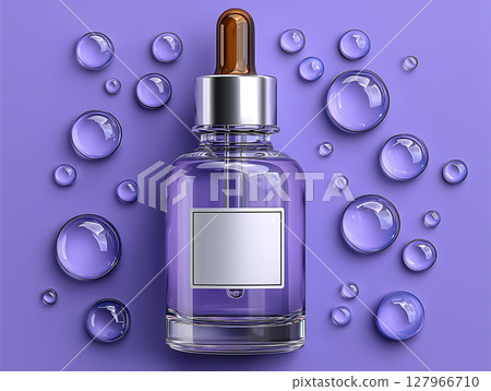 紫色背景上放置有滴管的玻璃瓶血清 紫色背景上放置有滴管的玻璃瓶血清 127966710