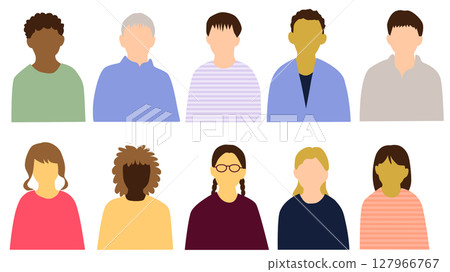 Young people from various countries, front upper body icon set of 10 people, no facial expression Young people from various countries, front upper body icon set of 10 people, no facial expression 127966767