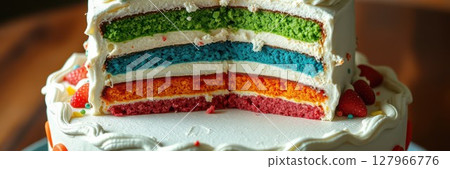 Colorful layered cake with vibrant icing and fruit decorations showcased on a wooden table 127966776